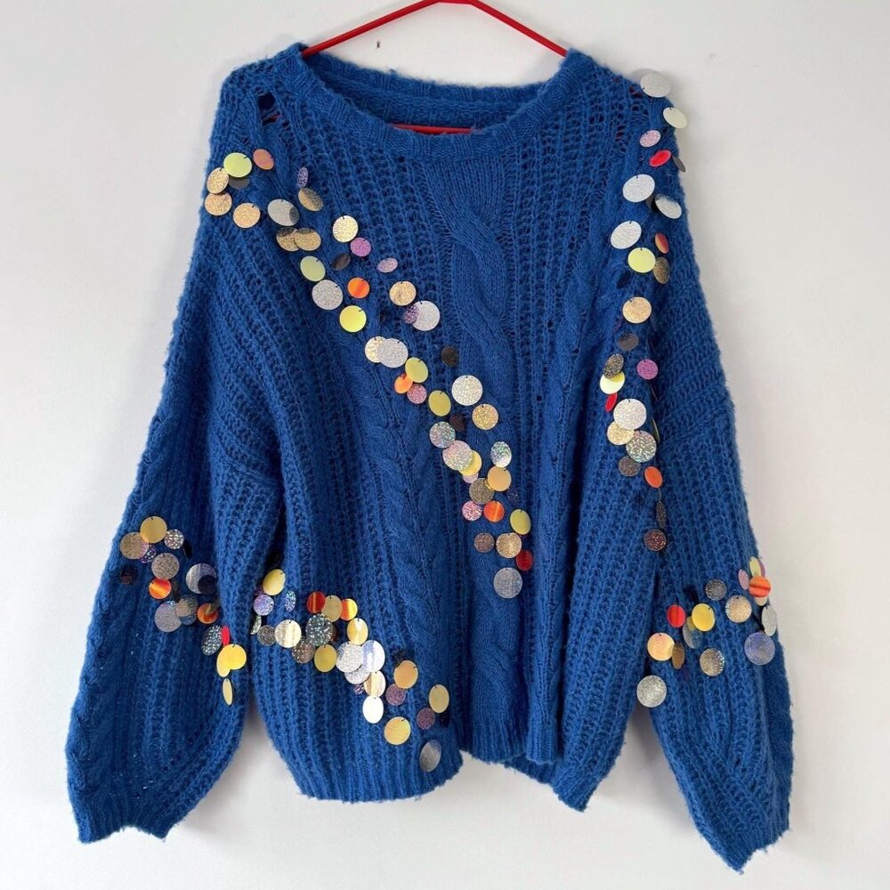 vintage blue confetti maxi sequins mermaid long sleeved slouchy knit sweater